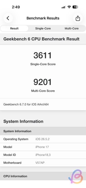 screenshot from iphone 17 running on a19 showing geekbench score screenshot from iphone 17 running on a19 showing geekbench score