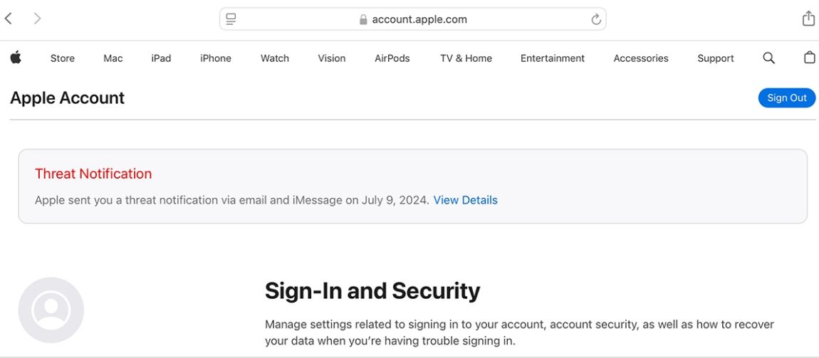 apple's official threat notification in apple account
