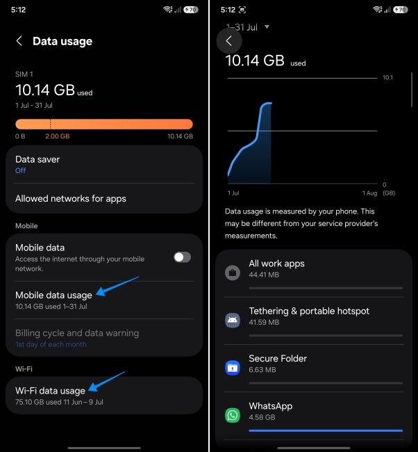 screenshot from an android phone showing how to check app data usage