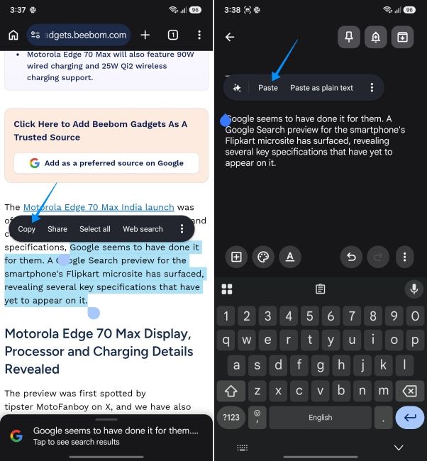 screenshot from an android phone showing how to copy and paste text screenshot from an android phone showing how to copy and paste text
