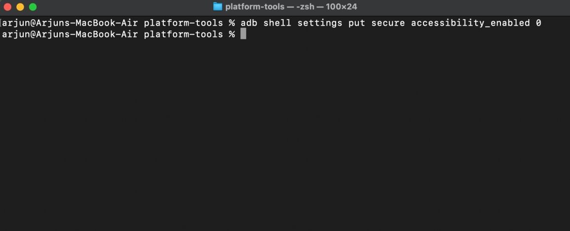 screenshot from macos showing how to disable accessibility via adb on android phones screenshot from macos showing how to disable accessibility via adb on android phones