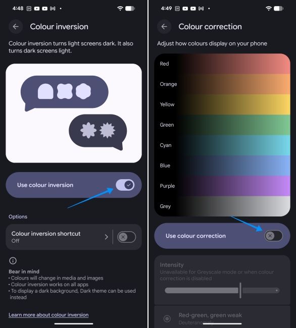 screenshot from an android phone showing how to disable colour inversion via accessibility settings screenshot from an android phone showing how to disable colour inversion via accessibility settings