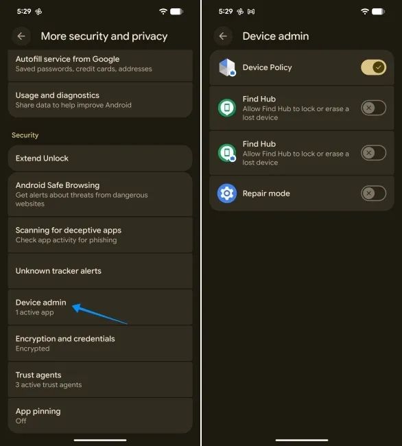 screenshot from an android phone showing how to disable device admin apps