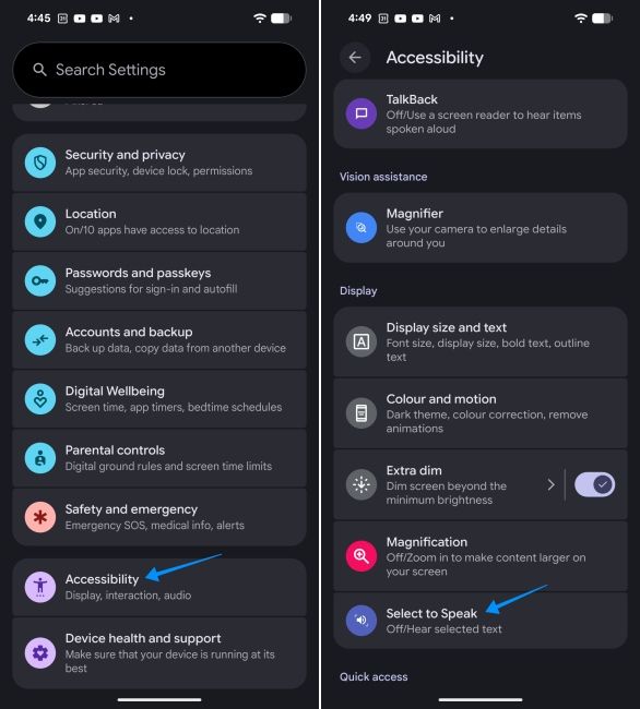 screenshot from an android phone showing how to disable select to speak via accessibility settings screenshot from an android phone showing how to disable select to speak via accessibility settings