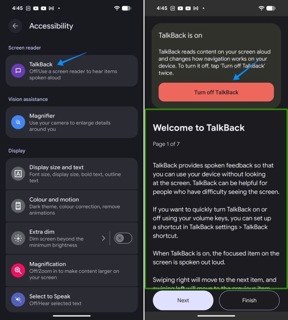 screenshot from an android phone showing how to disable talkback via accessibility settings screenshot from an android phone showing how to disable talkback via accessibility settings