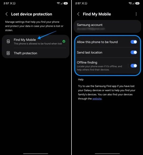 settings on android phone showing offline finding settings