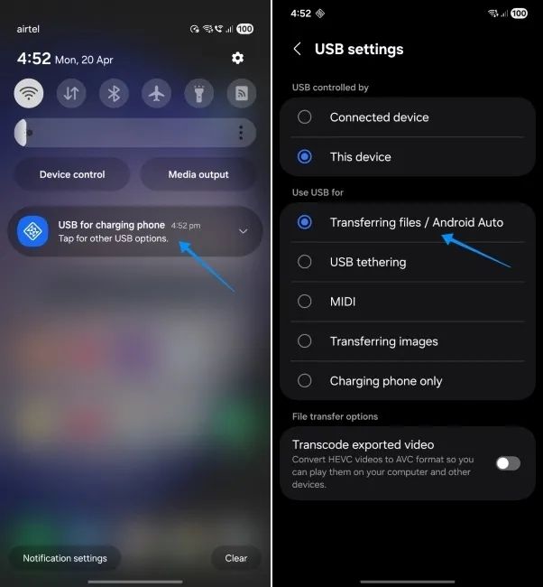 screenshot from an android phone showing how to transfer files to a PC
