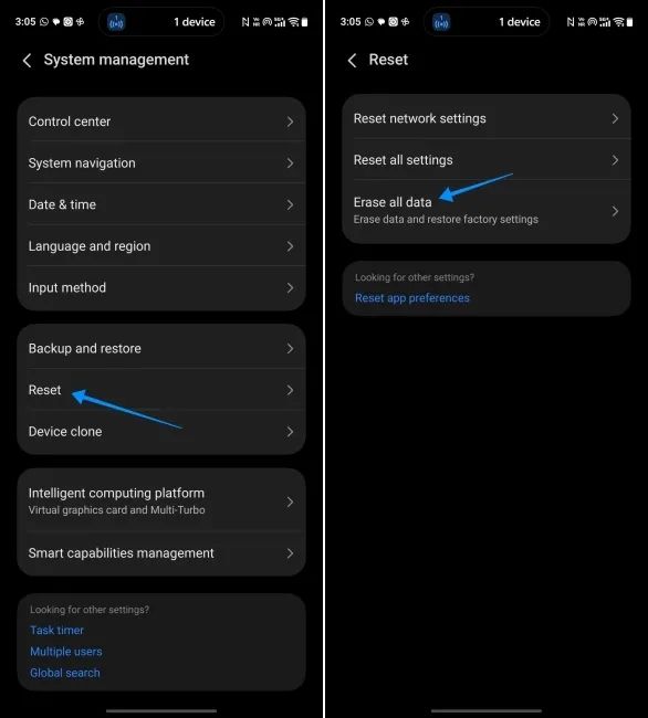 screenshot from a vivo phone showing how to reset phone via settings