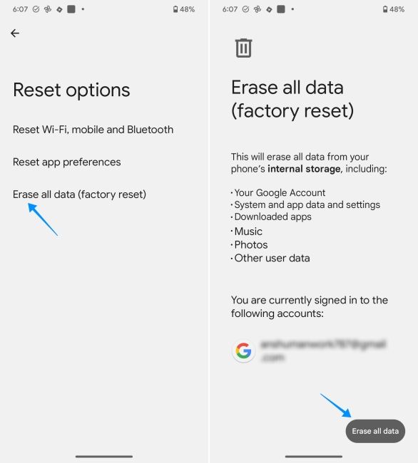 screenshot from a pixel phone showing how to reset phone via settings