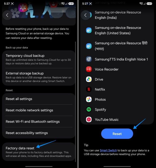 screenshot from a samsung phone showing how to factory reset phone via settings