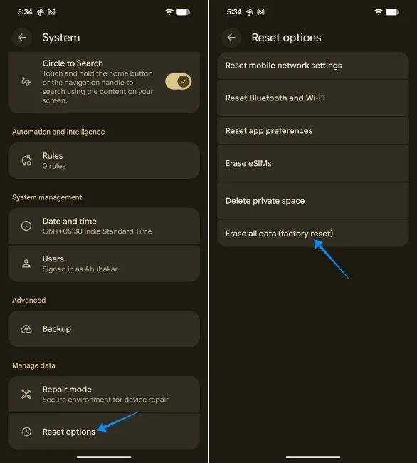 screenshot from an android phone showing how to reset via settings