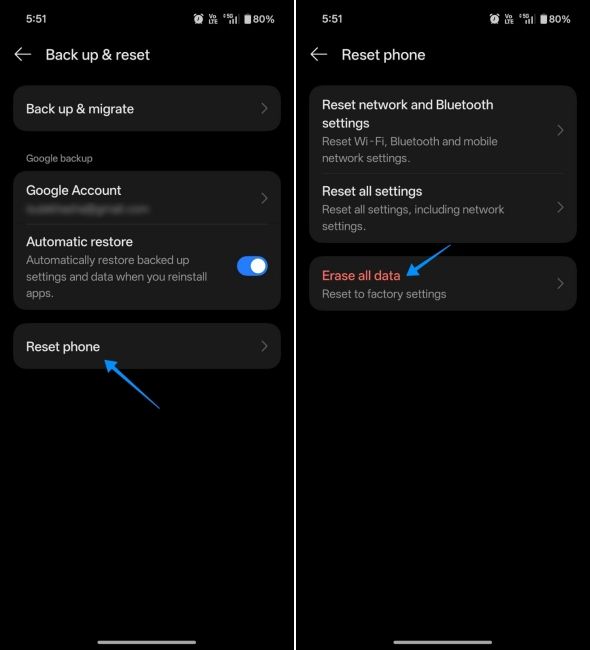 screenshot from a oneplus phone showing how to format phone via settings