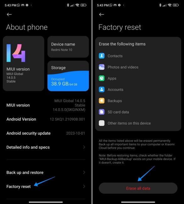 screenshot from a xiaomi phone showing how to format phone via settings