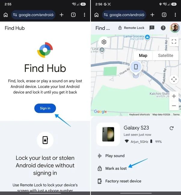 google find hub showing lost android phone on map