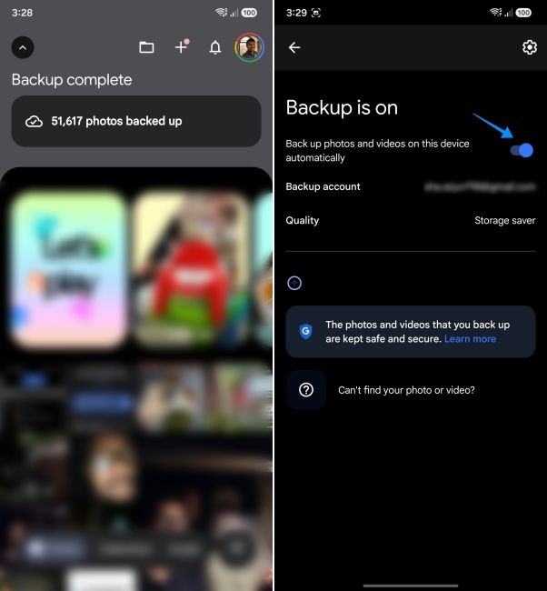 screenshot from an android phone showing google photos backup
