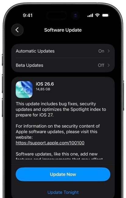 iOS 26.6 update page on iPhone