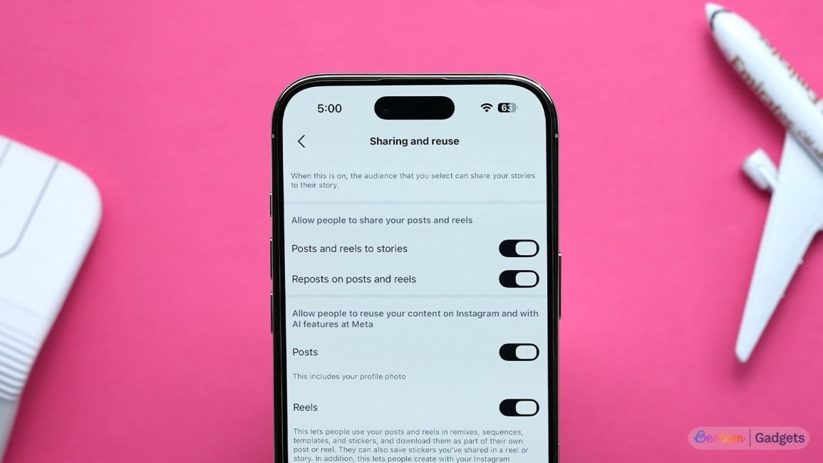 iPhone against a pink background showing the toggles to turn of Muse Image access on public Instagram accounts iPhone against a pink background showing the toggles to turn of Muse Image access on public Instagram accounts