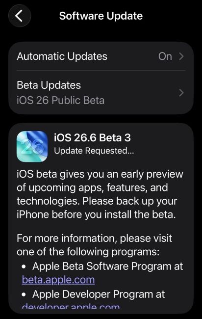 iPhone screenshot showing the iOS 26.6 Public Beta 3 update screen on iOS iPhone screenshot showing the iOS 26.6 Public Beta 3 update screen on iOS