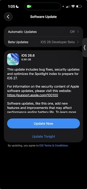 iOS 26.6 release candidate update screenshot iOS 26.6 release candidate update screenshot