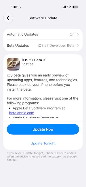 iOS 27 Developer Beta 3 update page screenshot iOS 27 Developer Beta 3 update page screenshot