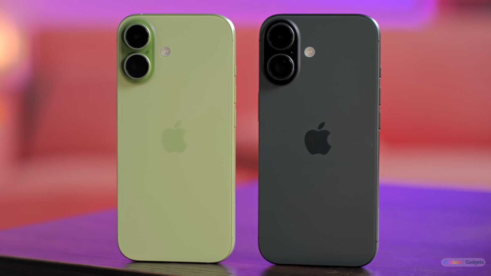 iPhone 17 and iPhone 16 back design showcased while upright on a table iPhone 17 and iPhone 16 back design showcased while upright on a table