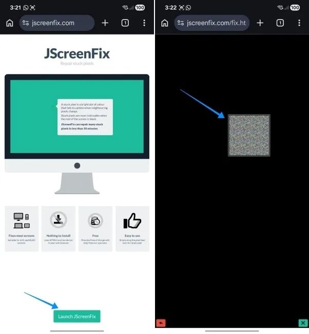 screenshot from an android phone showing jscreenfix removing stuck pixel on screen