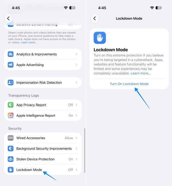 screenshot from iphone showing how to turn on lockdown mode