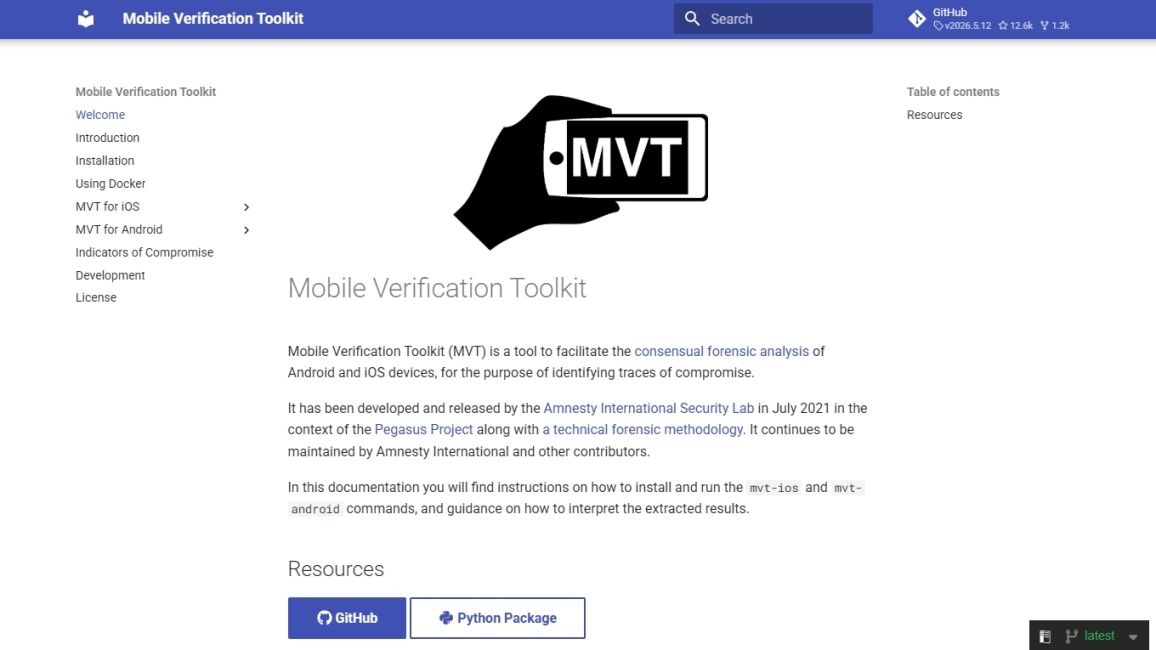 image of Mobile Verification Toolkit (MVT) webpage