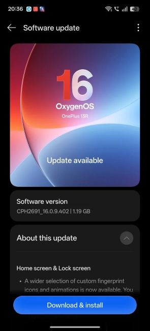 OxygenOS 16.1 update page on OnePlus 13R