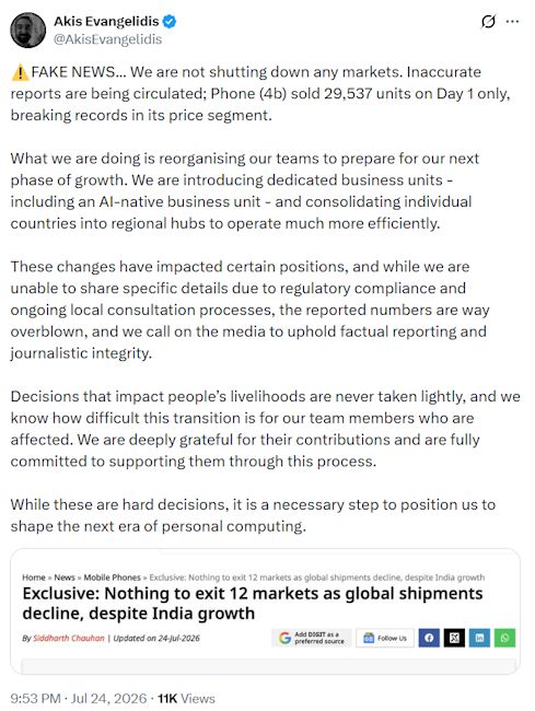 Nothing Co-founder Akis Evangelidis X post screenshot shutting down rumours of Nothing exiting 12 markets