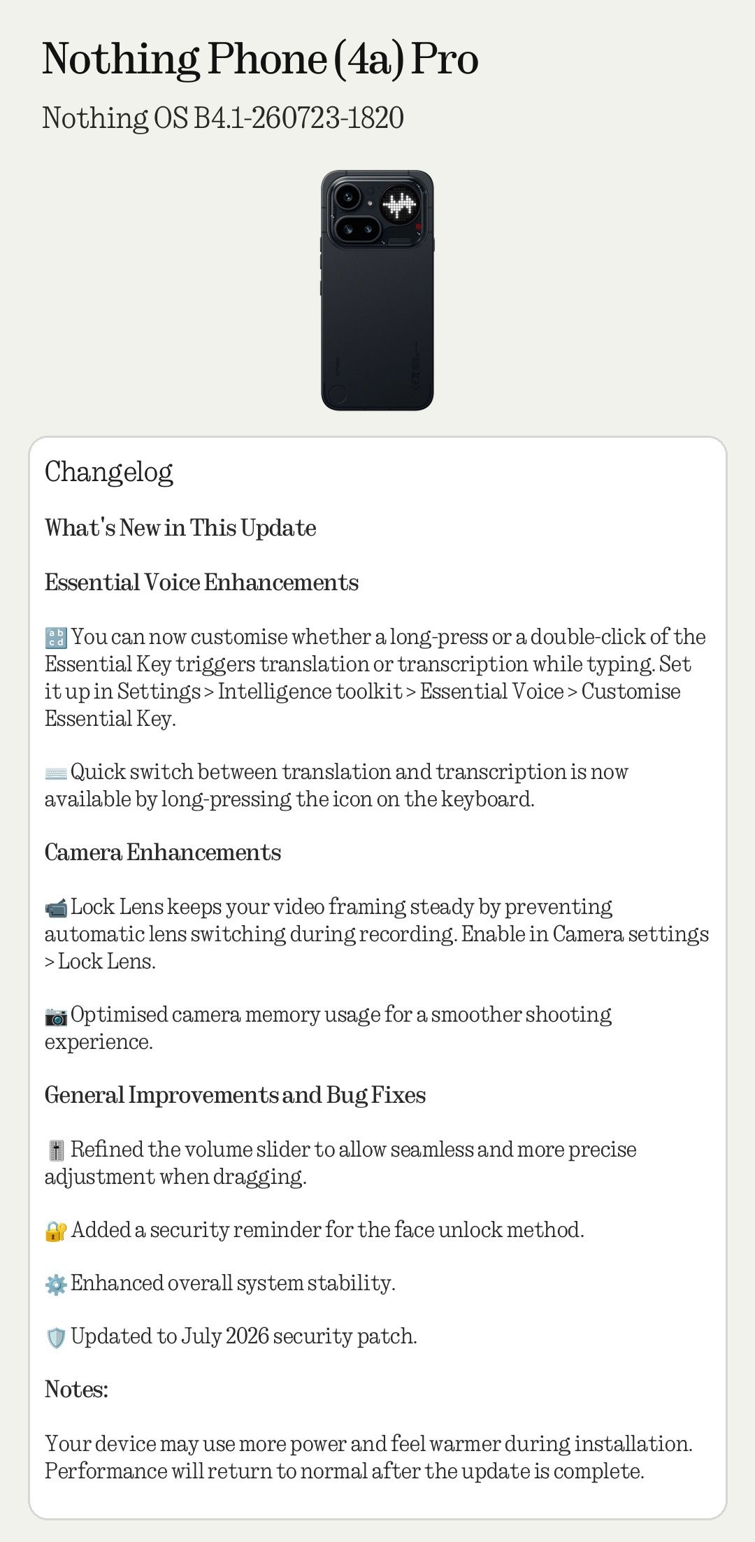 Nothing Phone 4a Pro July 2026 update screenshot Nothing Phone 4a Pro July 2026 update screenshot