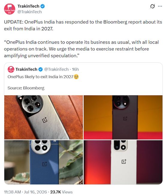 Screenshot of X post stating OnePlus India operations update Screenshot of X post stating OnePlus India operations update