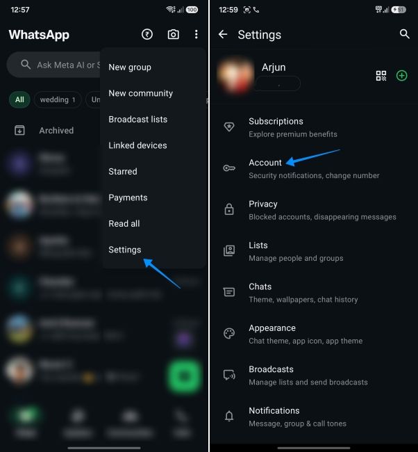 screenshot from an android phone showing how to open whatsapp settings