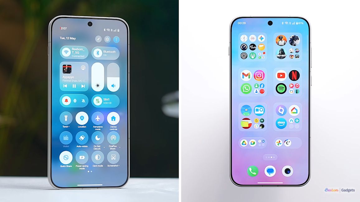 OxygenOS 16 control centre and app categorisation in the app drawer showcased