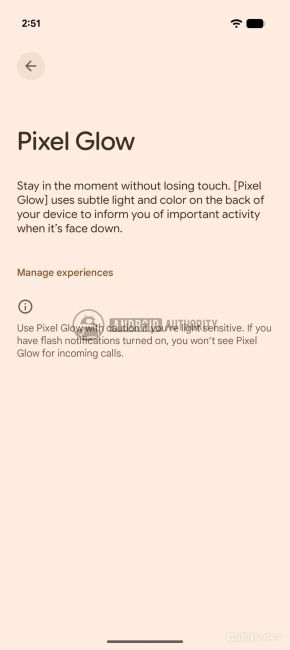 Google Pixel Glow feature settings page Google Pixel Glow feature settings page
