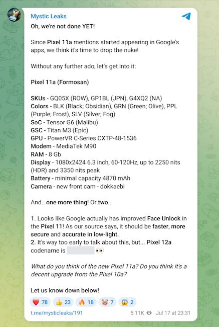 Pixel 11a key specs leaked on telegram screenshot Pixel 11a key specs leaked on telegram screenshot