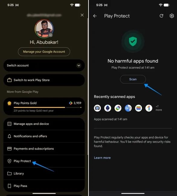 screenshot from an android phone showing how to scan phone using google play protect