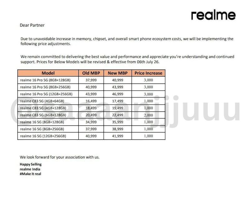 Realme 16 Pro latest price hikes in India document