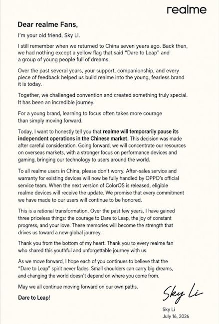 Realme CEO Sky Li letter to fans