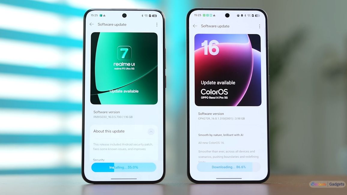 Realme UI 7 and ColorOS 16 software update pages showcased on respective phones