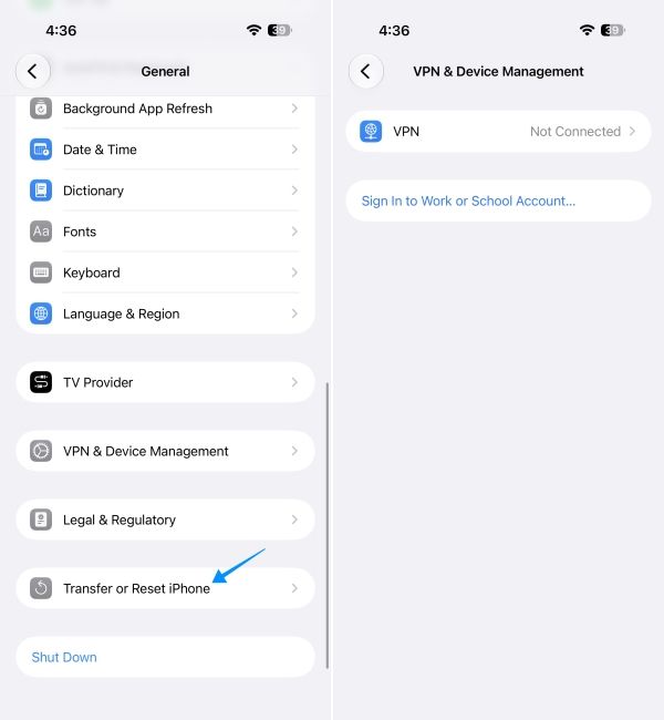 screenshot from iphone showing how to remove device management profiles