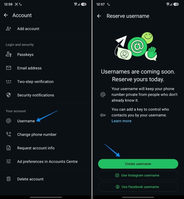 screenshot from an android phone showing how to open username settings on whatsapp