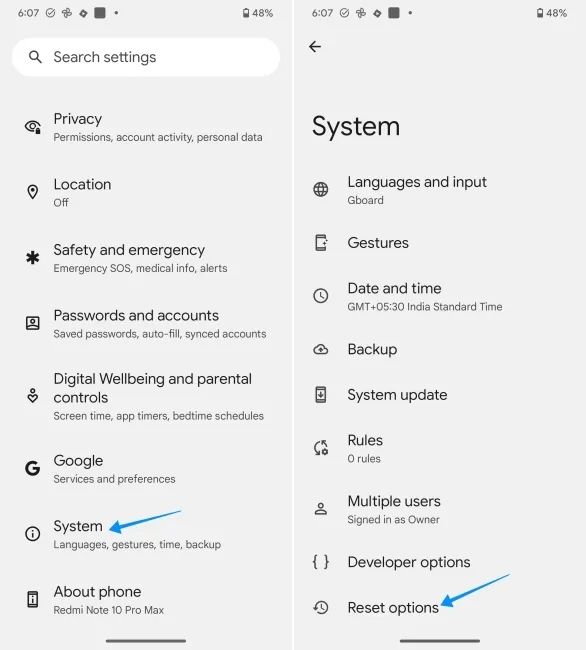 screenshot from an android phone showing how to reset via settings