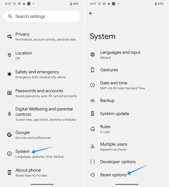 screenshot from a pixel phone showing how to format phone via settings