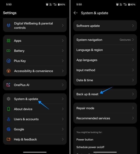 screenshot from a oneplus phone showing how to reset phone via settings