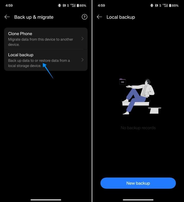 screenshot from an android phone showing local backup restore method