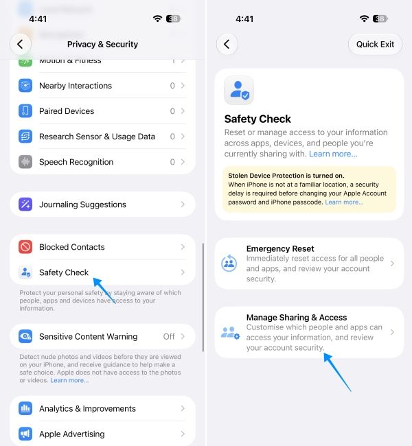 screenshot from iphone showing how to run a safety check