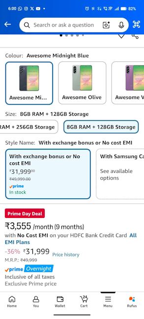 Samsung Galaxy A56 5G Amazon Prime Day Sale 2026 deal screenshot Samsung Galaxy A56 5G Amazon Prime Day Sale 2026 deal screenshot