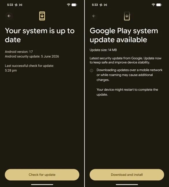 screenshot from an android phone showing how to download and install an update
