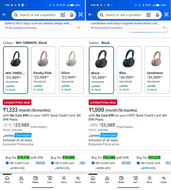 Sony WH-1000XM5 and Sony WH-1000XM6 Amazon Prime Day 2026 Sale deal screenshots Sony WH-1000XM5 and Sony WH-1000XM6 Amazon Prime Day 2026 Sale deal screenshots